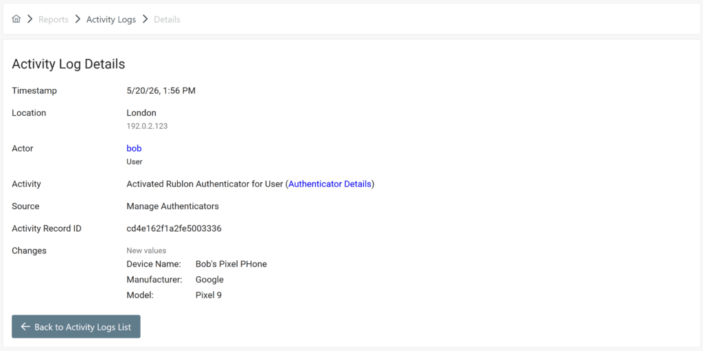 Screenshot showing activity log details pertaining to activating Rublon Authenticator