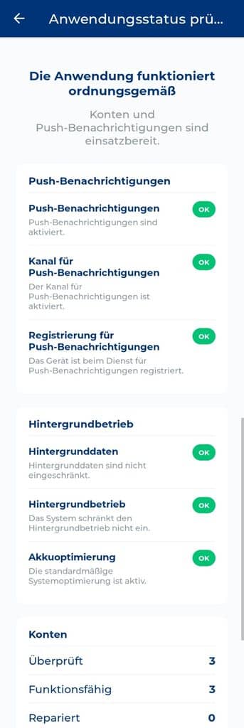 Ergebnisse der Funktion Anwendungsstatus prüfen im Rublon Authenticator mit Statusangaben zu Push-Benachrichtigungen, Hintergrundbetrieb und Konten