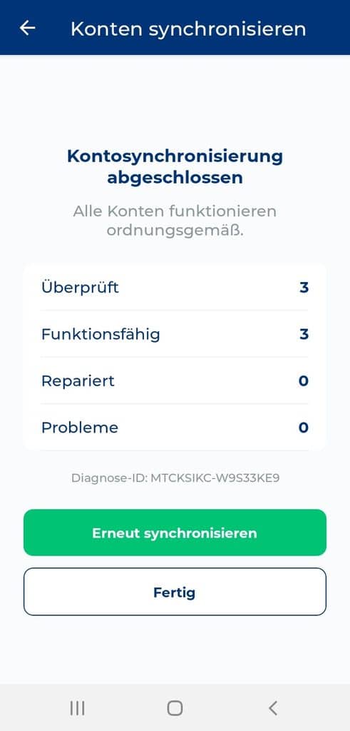 Ergebnis der Kontosynchronisierung im Rublon Authenticator mit Kontostatus und Diagnose-ID