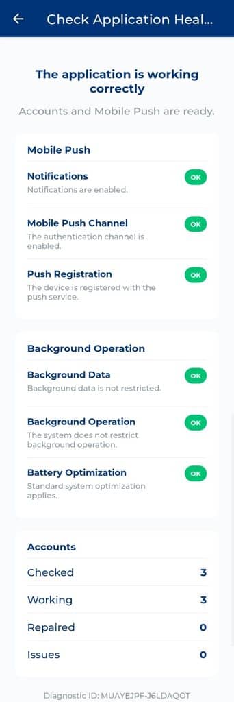 Check Application Health results in Rublon Authenticator showing Mobile Push, background operation, and account statuses