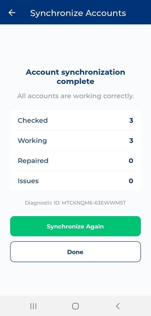 Rublon Authenticator Synchronize Accounts results showing account status and Diagnostic ID