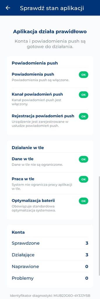 Wyniki funkcji Sprawdź stan aplikacji w aplikacji Rublon Authenticator z informacjami o powiadomieniach push, działaniu w tle i kontach