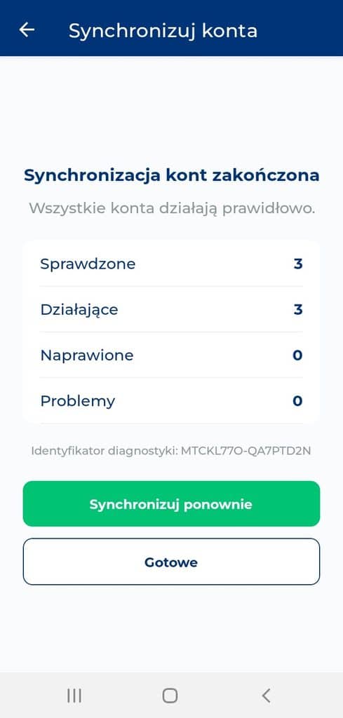 Wyniki synchronizacji kont w aplikacji Rublon Authenticator z podsumowaniem stanu kont i identyfikatorem diagnostyki