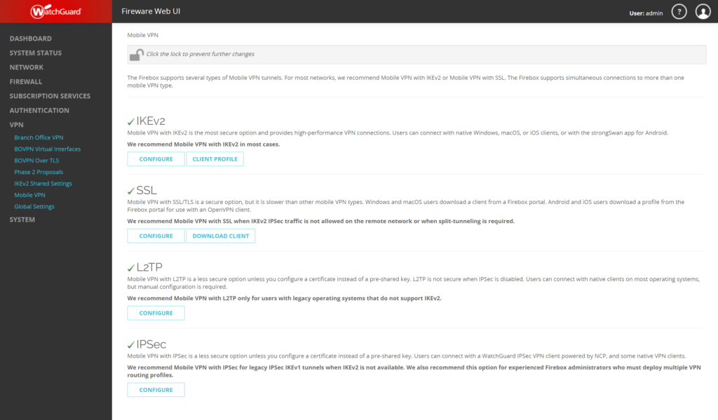 Image showing a list of supported Mobile VPN tunnels