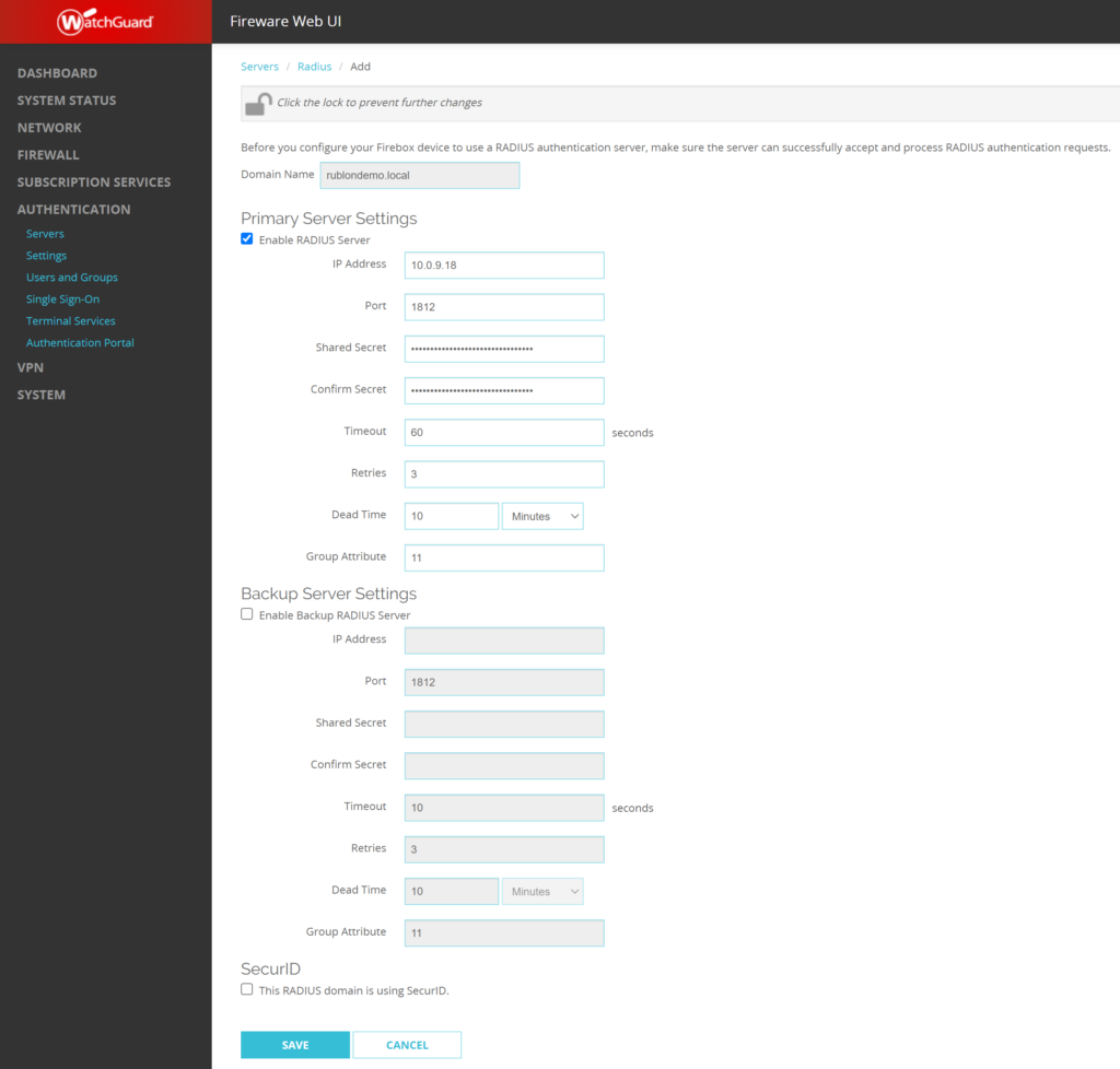 Image showing adding RADIUS server in Fireware Web UI