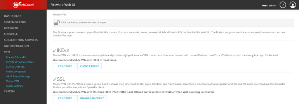 Image showing the SSL VPN in the list of Mobile VPN tunnels