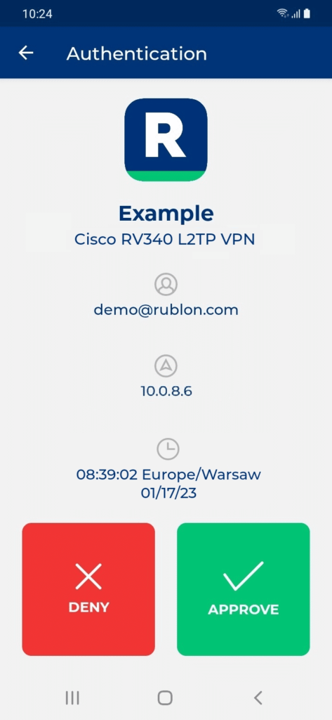 Image showing a Mobile Push for Cisco RV340 L2TP VPN received by a user