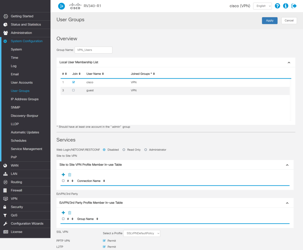 Image showing creating a group in Cisco RV340 admin panel