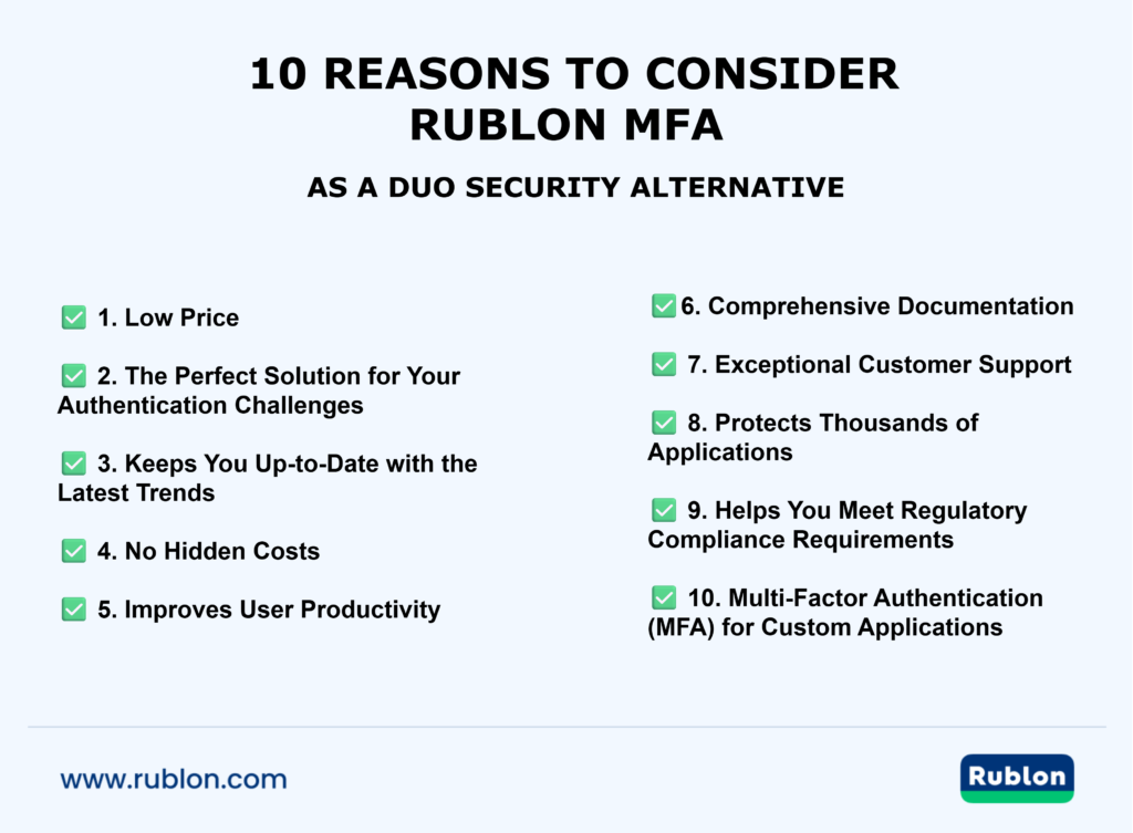 Image ennumerating 10 reasons to consider Rublon MFA as a Duo Security alternative