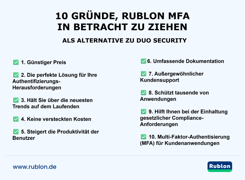 Bild mit 10 Gründen, Rublon MFA als Alternative zu Duo Security in Betracht zu ziehen