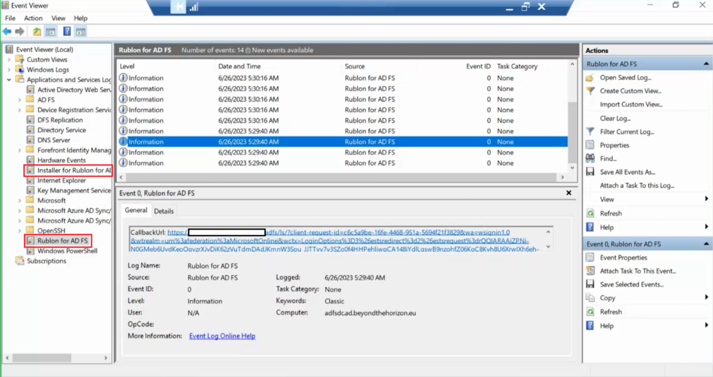 Image showing where to find MFA for AD FS installation and application events