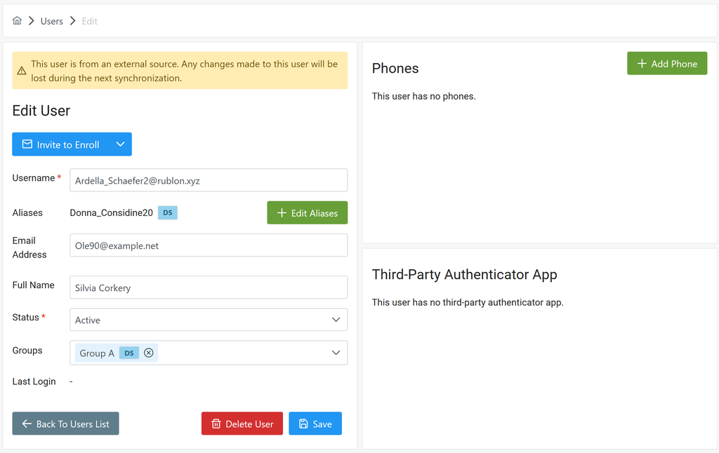 Image showing the Edit User view of a user synchronized from Entra ID