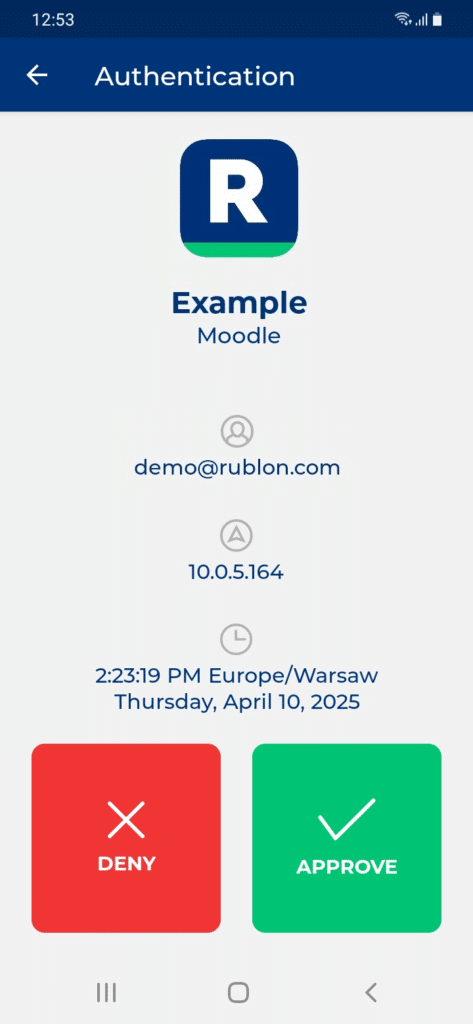 Image showing a Mobile Push notification received by the user during Moodle authentication