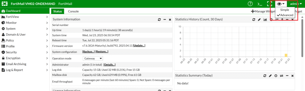 Obrazek pokazujący wybranie opcji Advanced View w panelu administracyjnym FortiMail.
