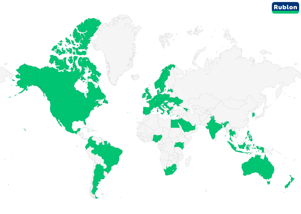 Weltkarte mit den Ländern, in denen Rublon mindestens einen Kunden hat.