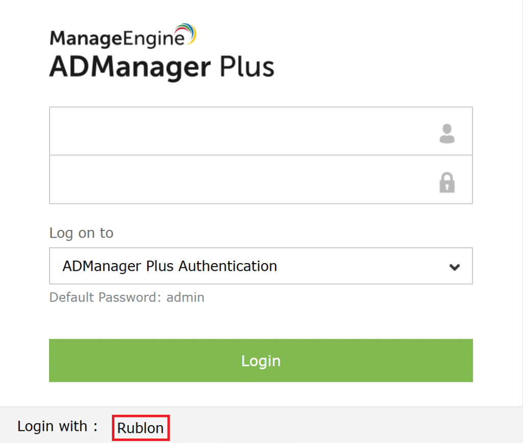 A screenshot showing that the user needs to click Rublon under the standard ADManager Plus login form to initiate Rublon MFA for ADManager Plus.