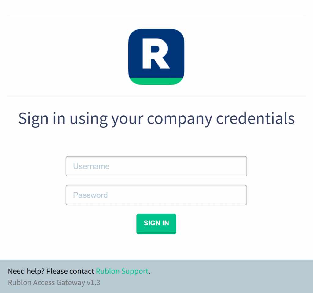A screenshot showing the Rublon Access Gateway login form during MFA login to ADManager Plus.