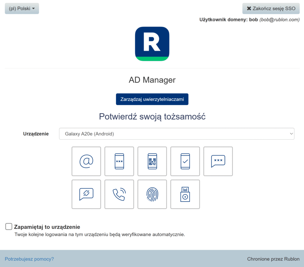 3. Podaj swoją nazwę użytkownika i hasło. Kliknij SIGN IN. Pojawi się widok Rublon Prompt z wyborem metod uwierzytelniania. Wybierz Powiadomienie mobilne.
