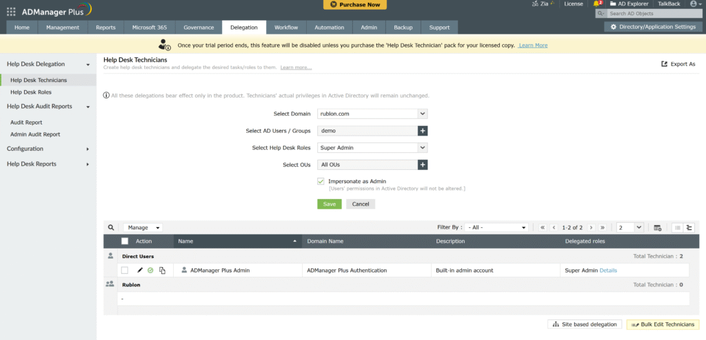 A screenshot showing how to add a new Help Desk Technician in ADManager Plus during MFA for ADManager Plus configuration.