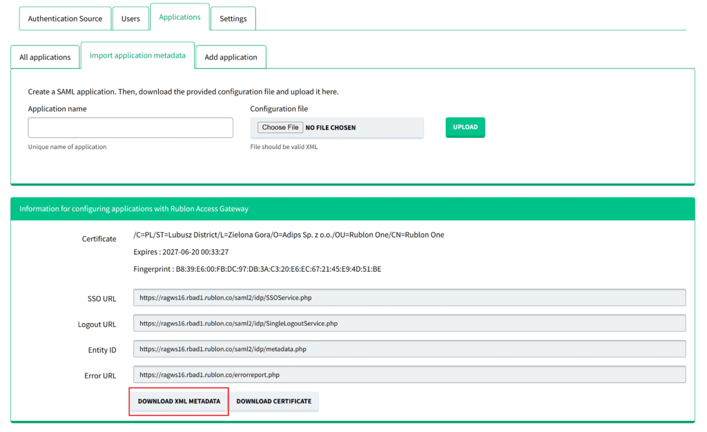 A screenshot showing how to download the metadata file from the Rublon Access Gateway during MFA for ADManager Plus configuration.