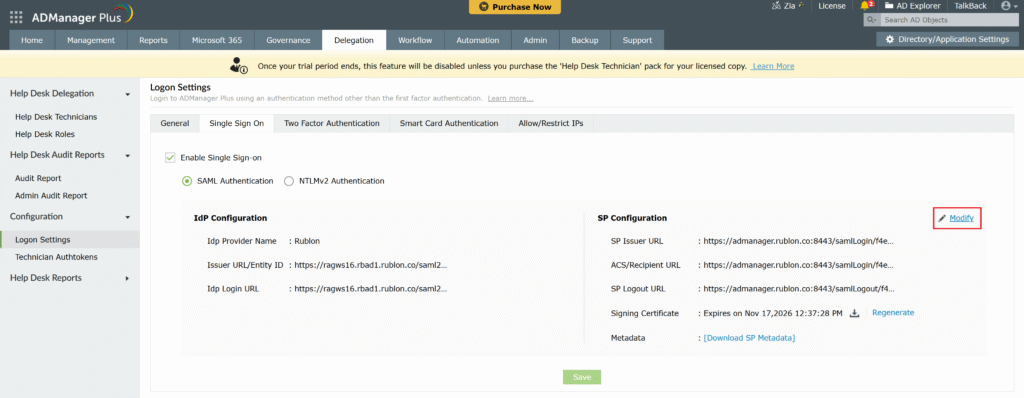 A screenshot showing how to modify SSO settings during MFA for ADManager Plus configuration.