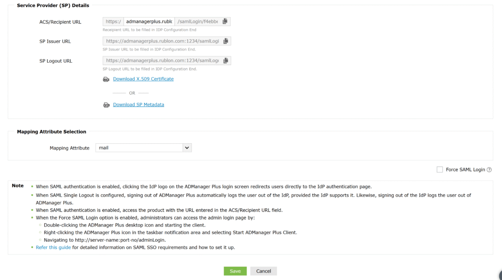 A screenshot showing how to fill out the Service Provider (SP) Details and Mapping Attribute Selection sections during MFA for ADManager Plus configuration.