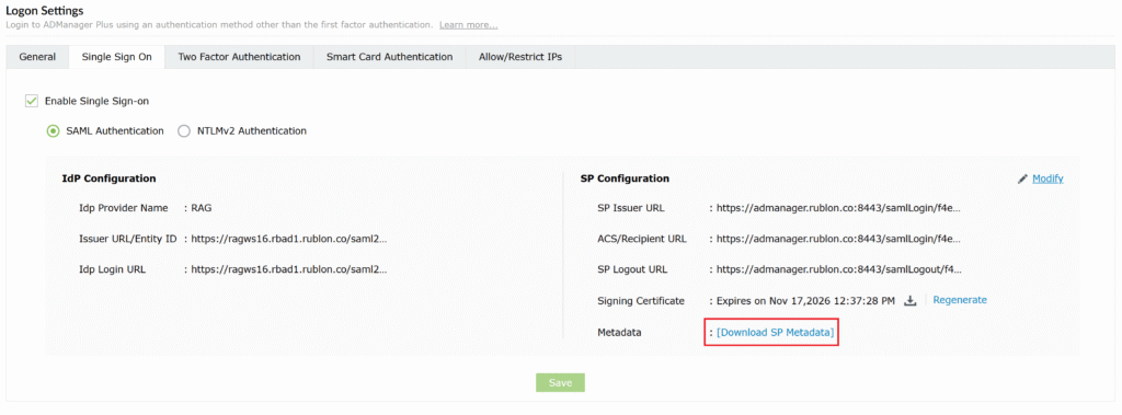 A screenshot showing how to download the SP metadata file during multi-factor authentication for ADManager Plus configuration.