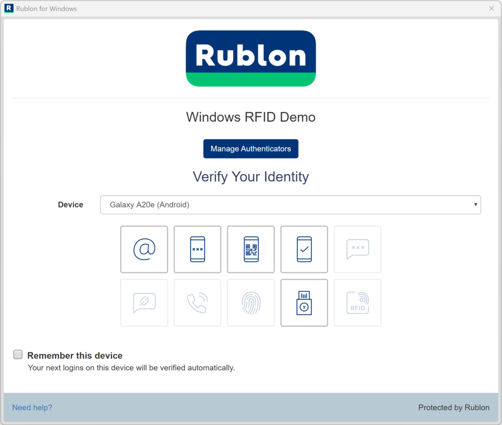 A screenshot showing the Rublon Prompt before registering an RFID authenticator.