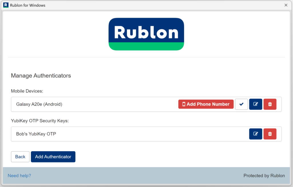A screenshot showing the Manage Authenticators view during the new RFID authenticator enrollment process.