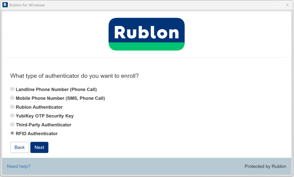 A screenshot showing the selection of RFID Authenticator as the authenticator the user wants to register.