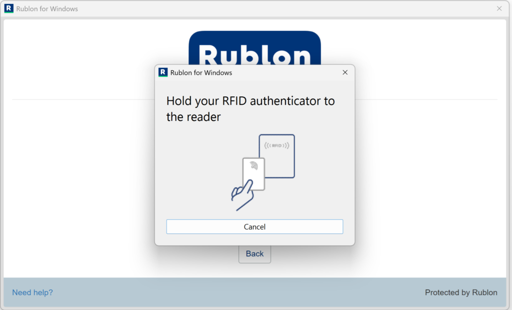 A screenshot of the Rublon for Windows connector asking the user to place their RFID authenticator on the reader.