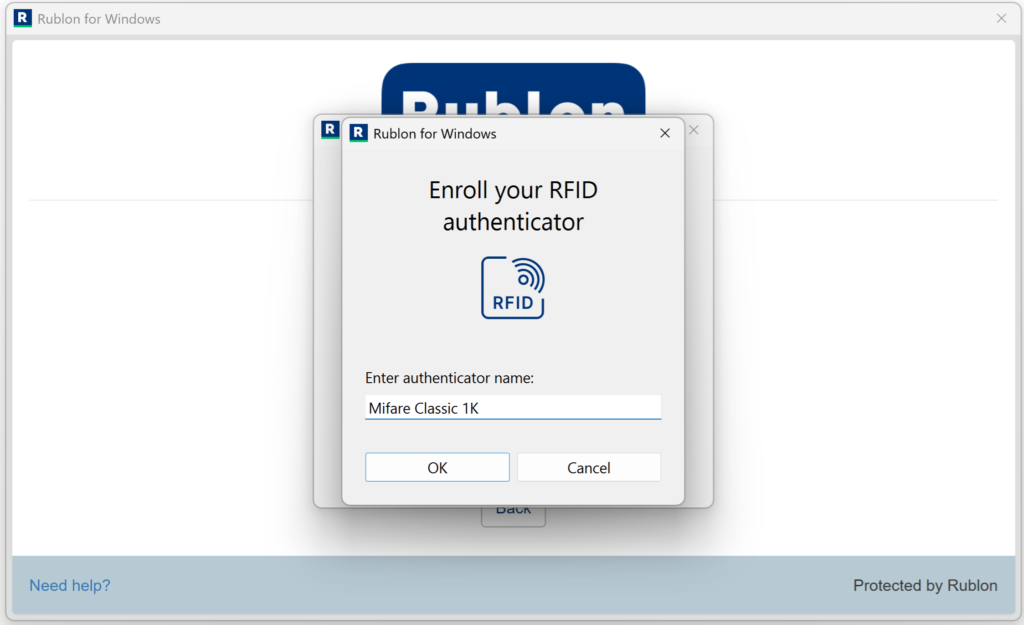 A screenshot showing entering the authenticator name while enrolling the RFID authenticator for multi-factor authentication.