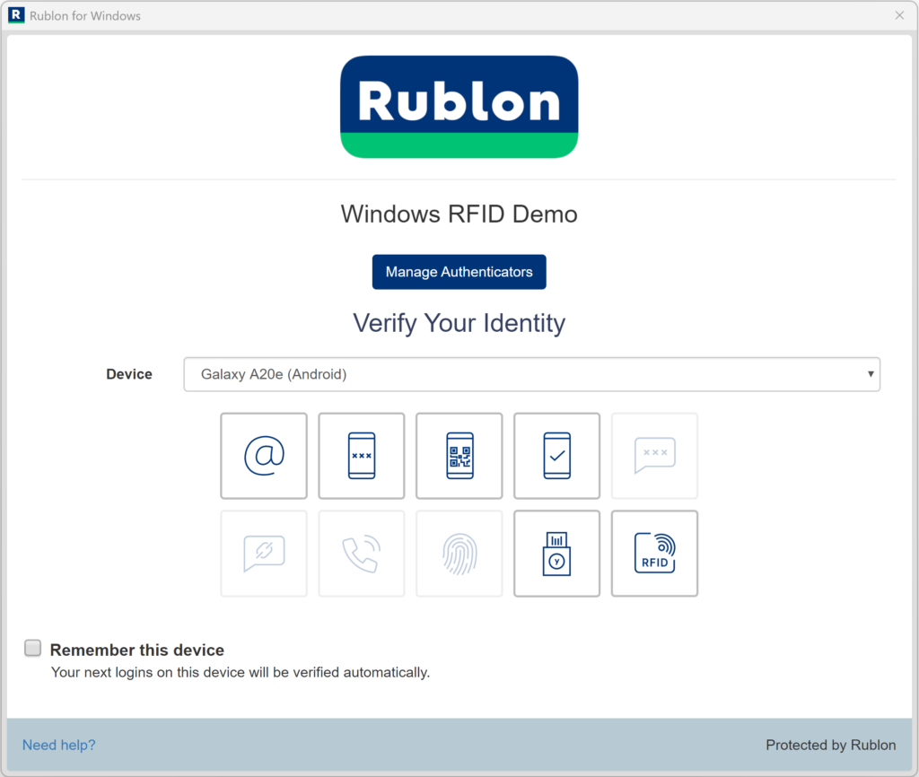 Screenshot showing the Rublon Prompt again with the RFID method already active.