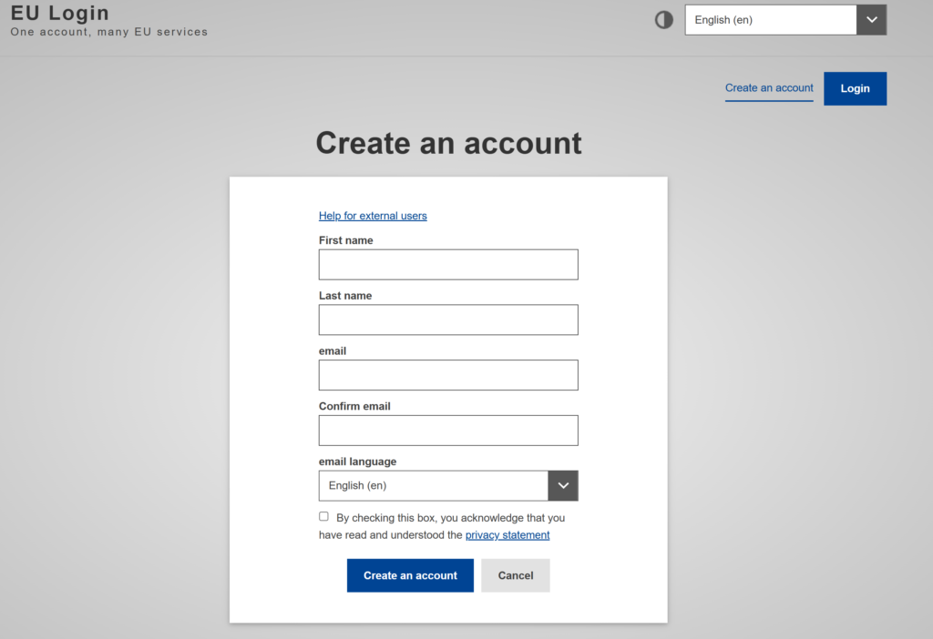 Screenshot showing the form for creating a new account in EU Login.