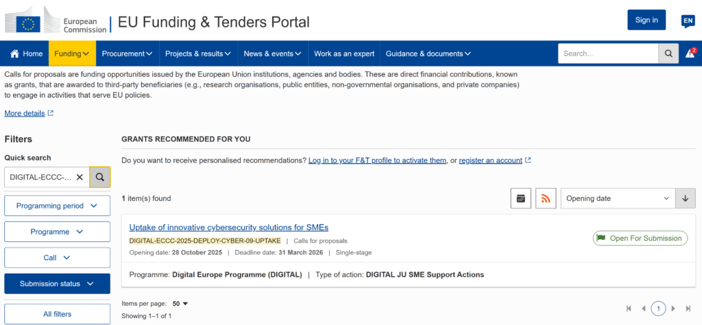 Screenshot showing how to find the call for proposals.