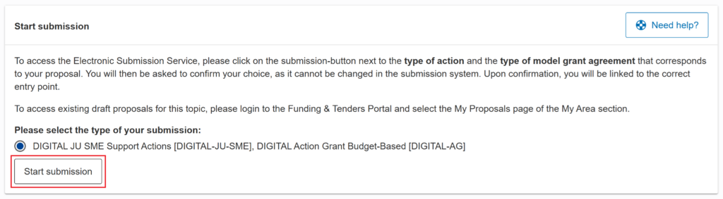 Screenshot showing how to start the application submission.