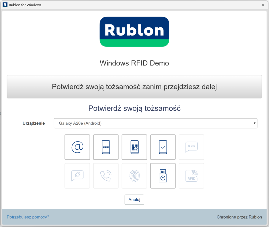 Zrzut ekranu przedstawiający widok Rublon Prompt z prośbą o potwierdzenie tożsamości inną metodą uwierzytelniania.