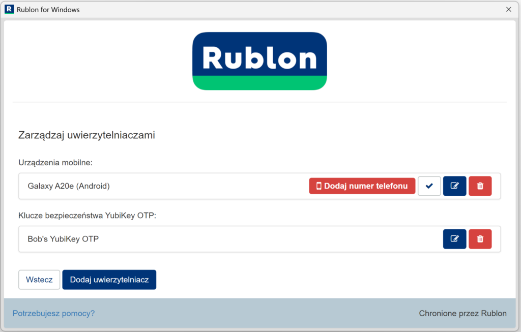 Zrzut ekranu przedstawiający widok Zarządzaj uwierzytelniaczami w procesie rejestracji nowego uwierzytelniacza RFID.