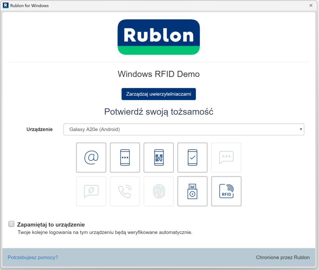 Zrzut ekranu przedstawiający ponownie widok Rublon Prompt z już aktywną metodą RFID.