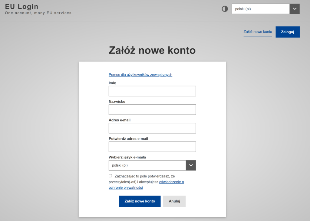 Zrzut ekranu pokazujący formularz zakładania nowego konta w EU Login.