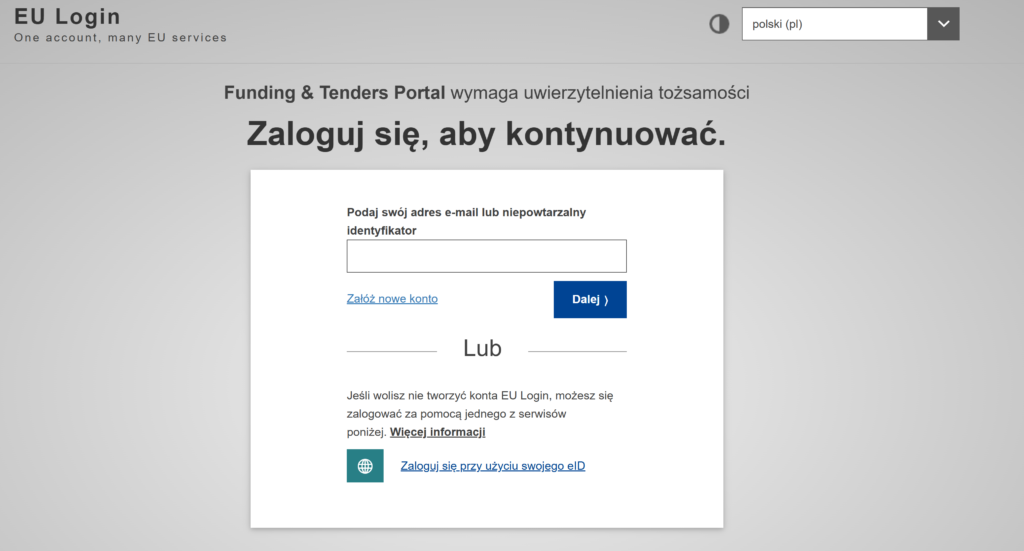 Zrzut ekranu przedstawiający sposób logowania się do portalu Funding & Tenders Portal przy użyciu konta EU Login.