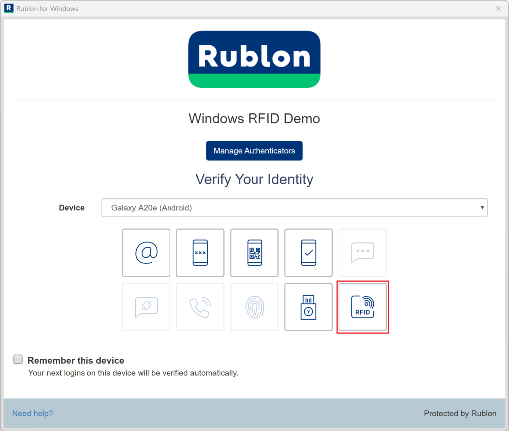 A screenshot showing the active RFID authentication method in the Rublon Prompt.