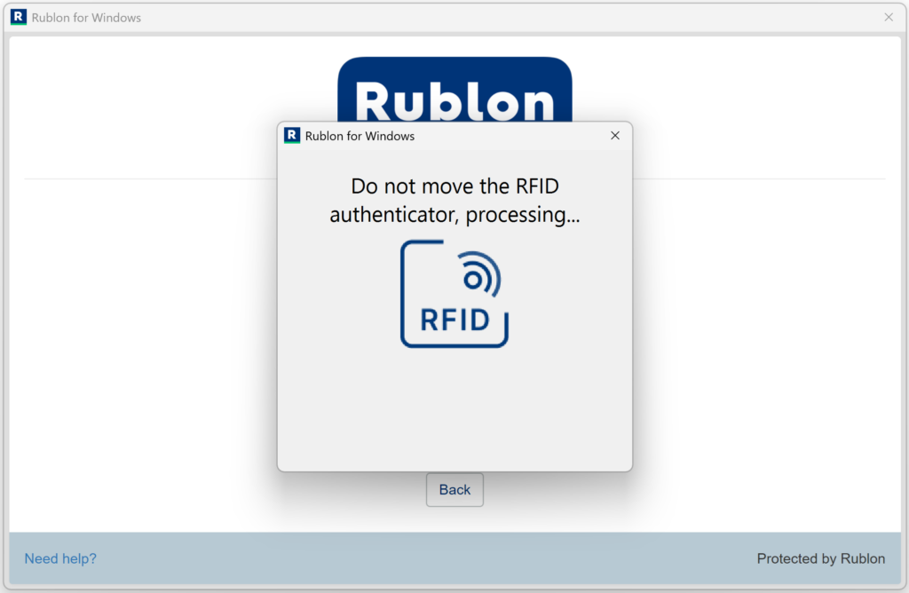 A screenshot showing the RFID authentication method login as part of Rublon MFA for Windows