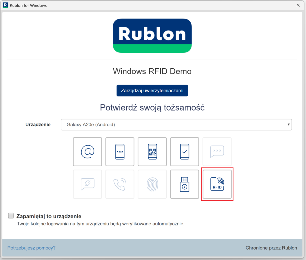 Zrzut ekranu prezentujący metodę RFID w widoku Rublon Prompt podczas uwierzytelniania wieloskładnikowego (MFA).