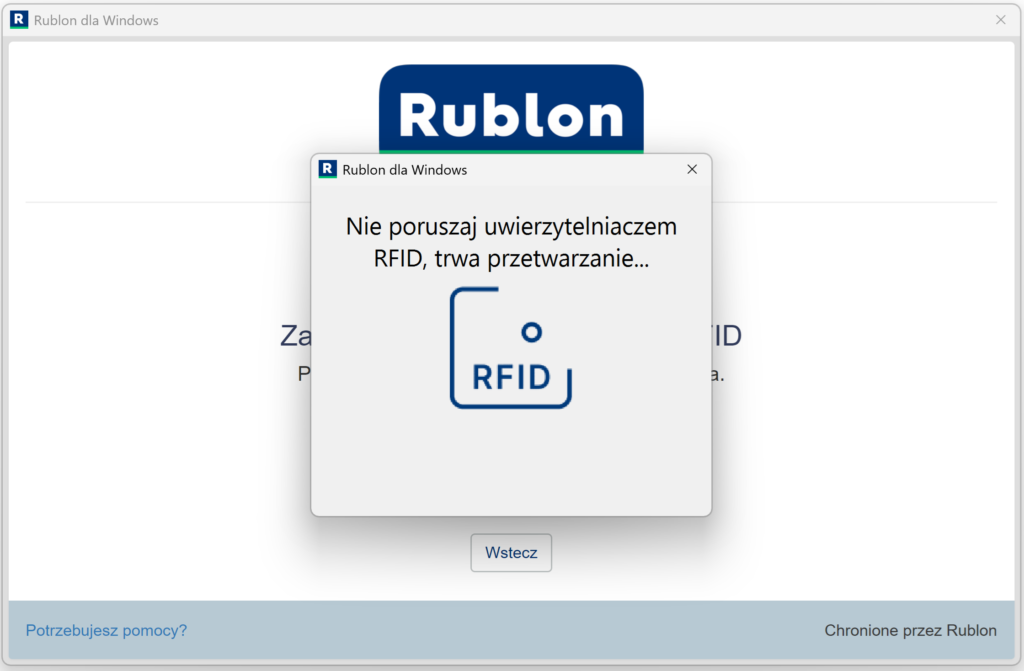 Zrzut ekranu przedstawiający logowanie metodą RFID w obrębie uwierzytelniania wieloskładnikowego Rublon MFA dla Windows.