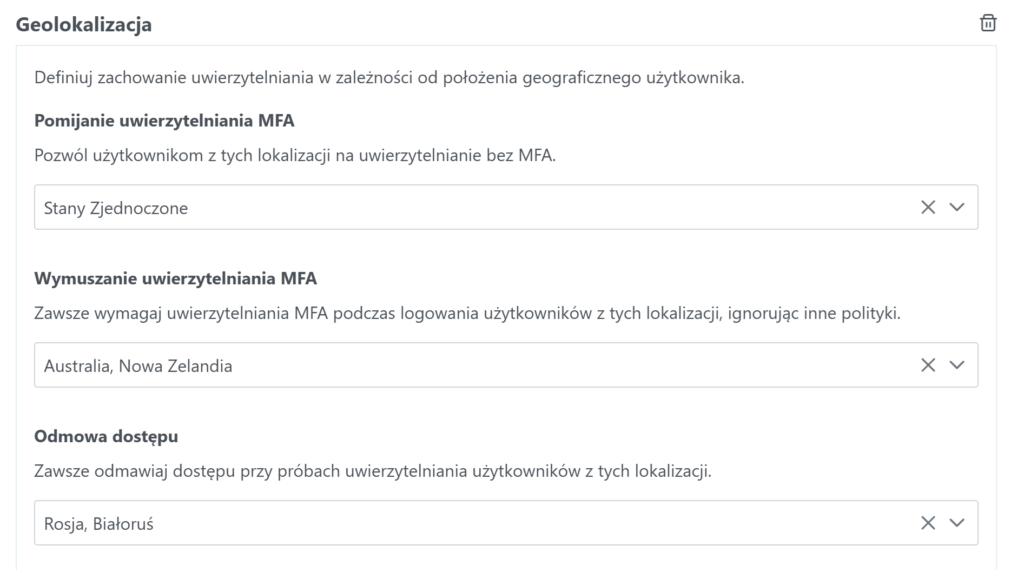 Obraz pokazujący opcje pominięcia MFA, wymuszenia MFA oraz odmówienia dostępu dostępne w polityce geolokalizacji w obrębie platformy do uwierzytelniania wieloskładnikowego (MFA).