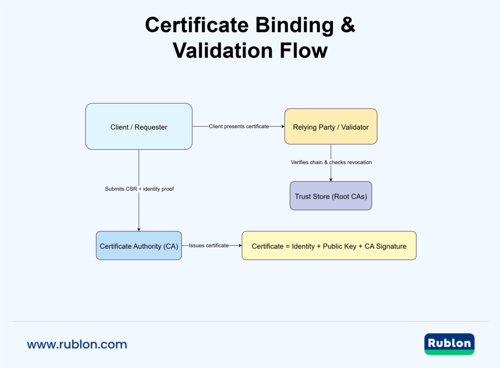Simplified PKI binding and validation flow: request, issue, present, and chain verification (with revocation) against a trusted root store.