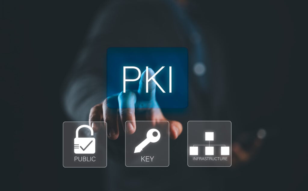 A business concept for public key infrastructure (PKI) in information security technology, showing a person touching PKI icons on a virtual screen.
