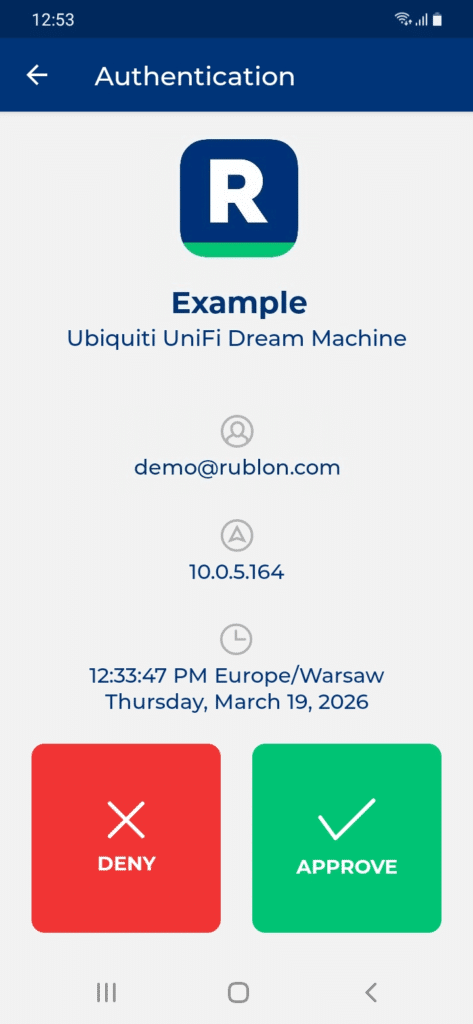 Image showing a Mobile Push notification received by the user during Ubiquiti UniFi Dream Machine MFA authentication