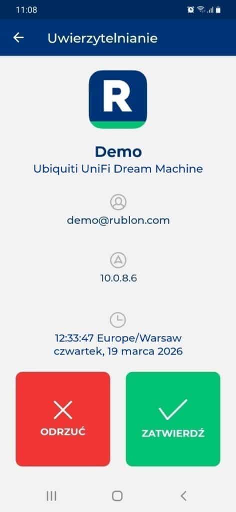 Obrazek przedstawiający powiadomienie push na urządzeniu mobilnym otrzymane przez użytkownika podczas uwierzytelniania wieloskładnikowego do usługi Ubiquiti UniFi Dream Machine.